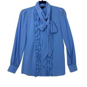 WORTH NEW YORK silk ruffled ascot scarf neck Blue‎ Ruffled Blouse top XS